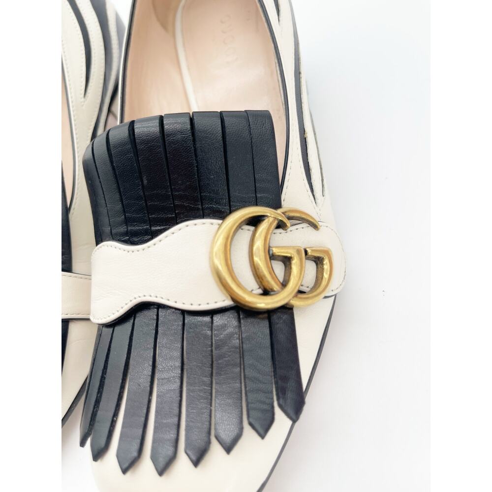 Gucci Marmont Kiltie Zebra Stripe Black White Leather Block Heel Pumps IT 37.5 - Picture 9 of 16